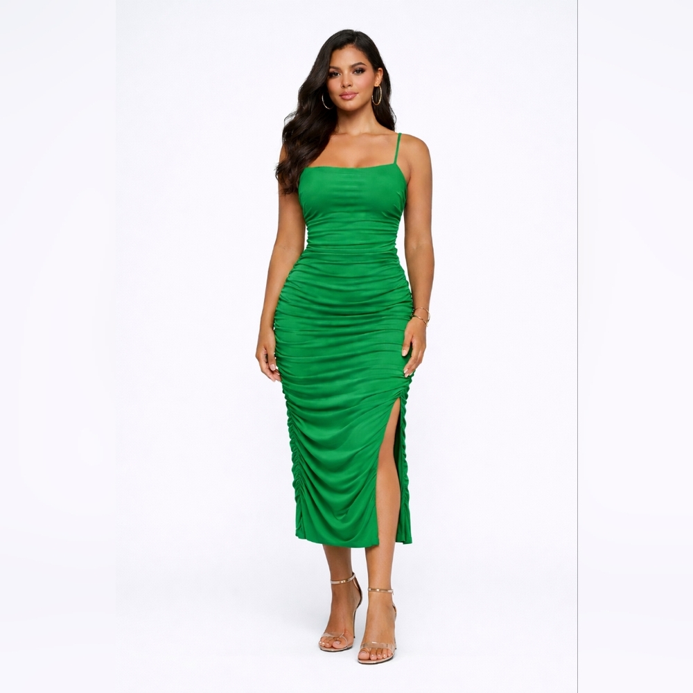 Elegant Green Ruched Midi Dress